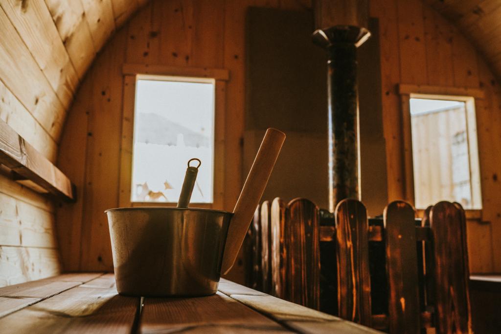The outdoor setup combines the sauna with cold plunge tubs.