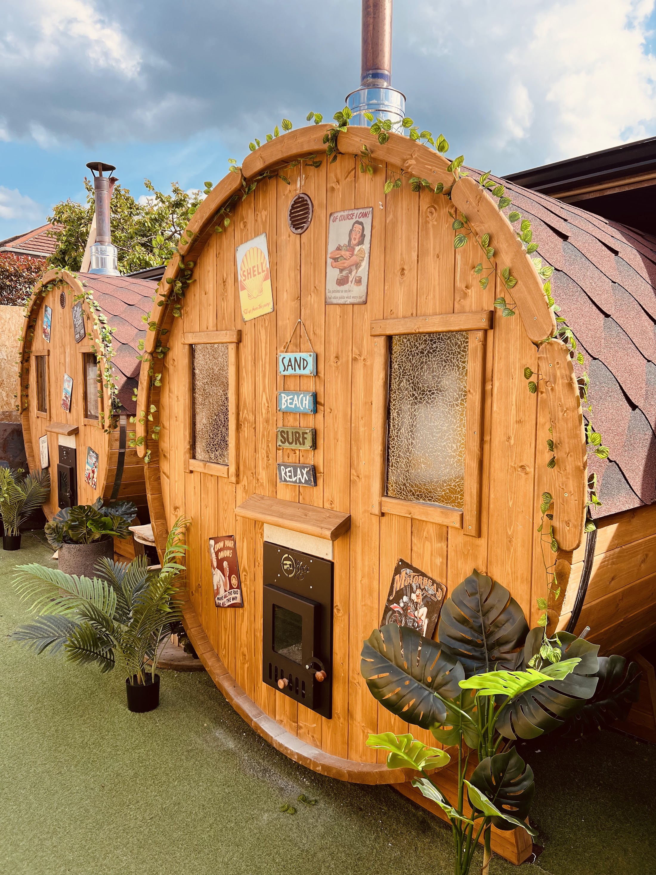 A clear exterior view of the sauna setting.