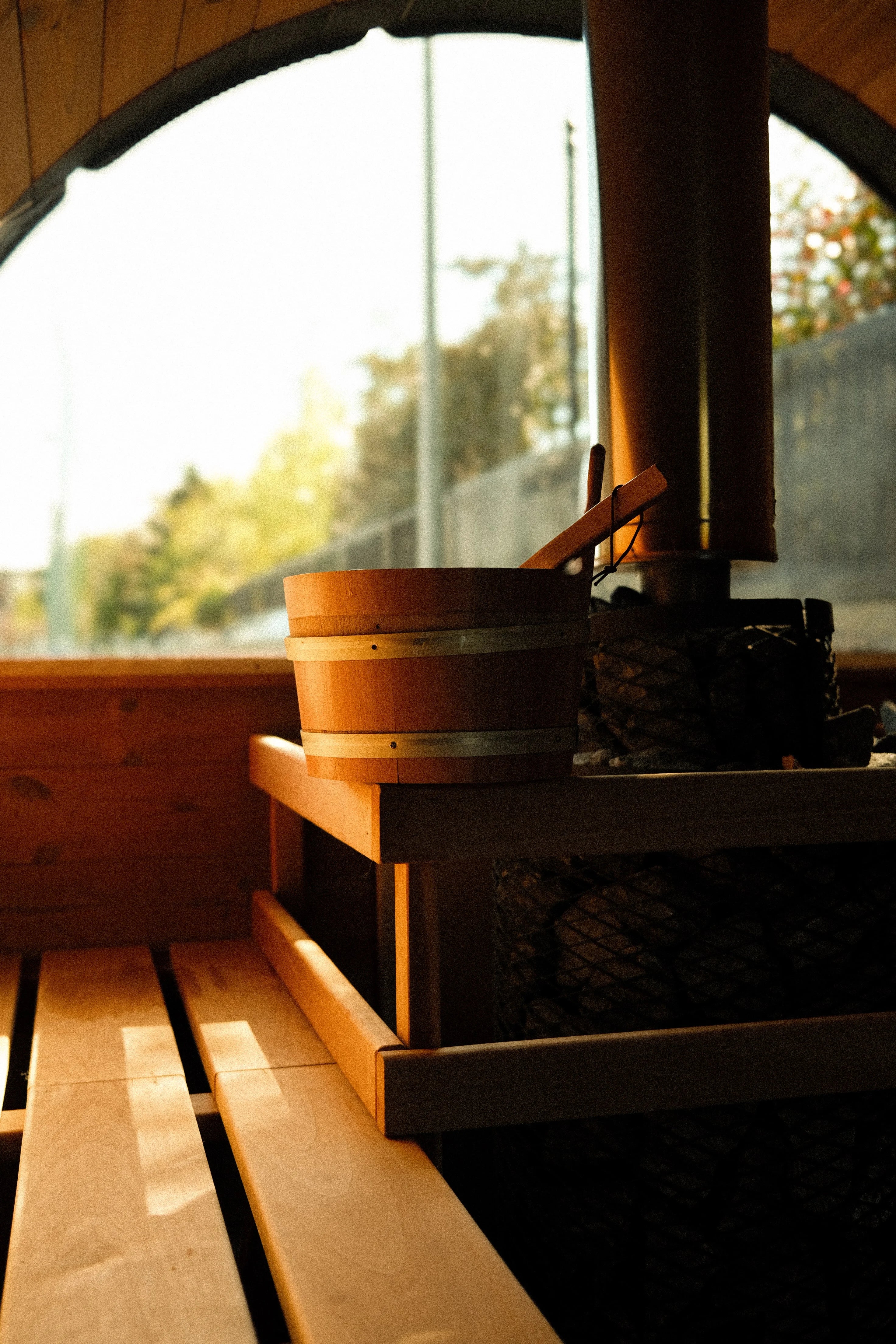 A clear view of the sauna space.