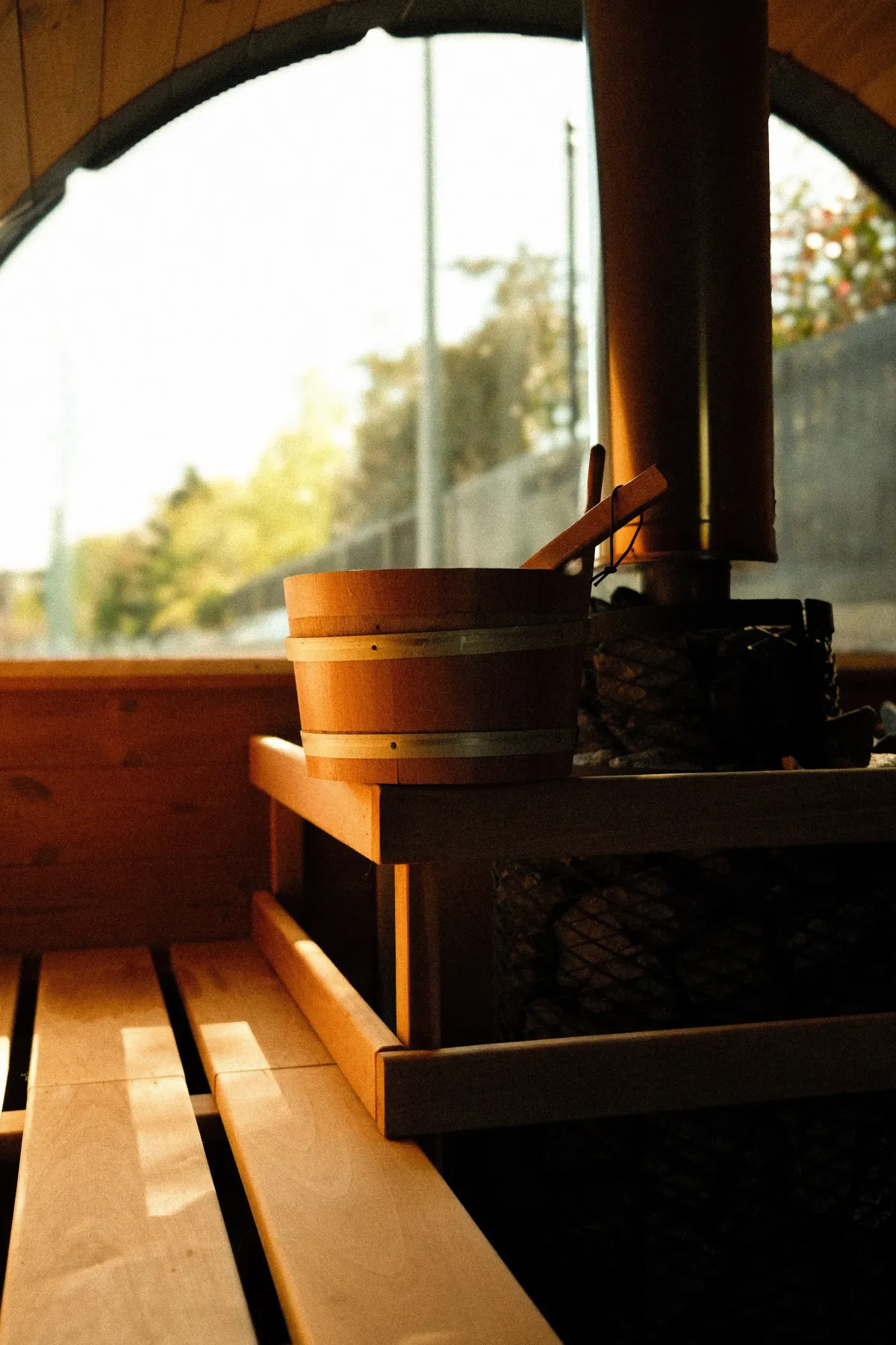 A clear view of the sauna space.